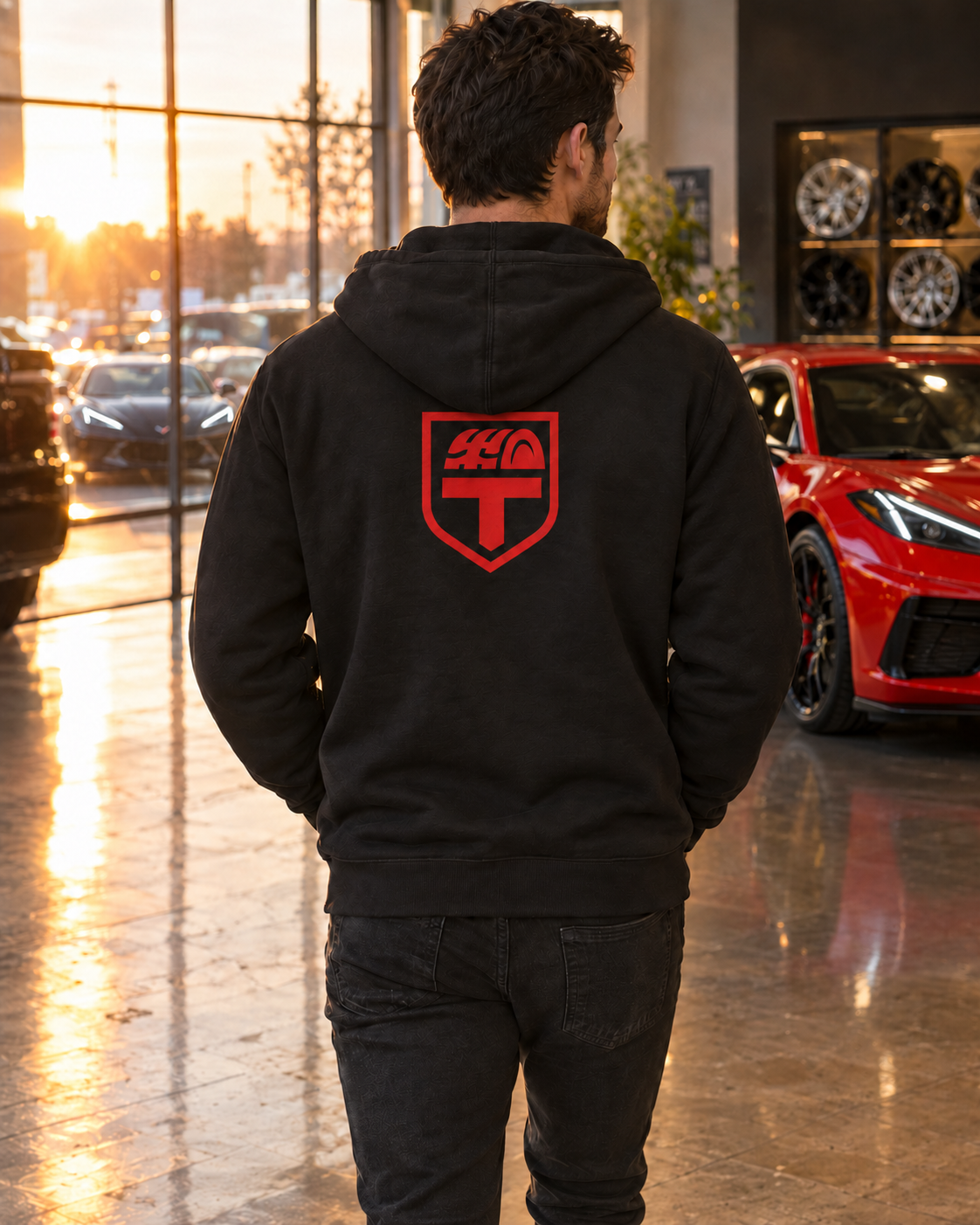Tread & Torque 70th Anniversary black hoodie worn in a Corvette showroom, warm sunset light through the windows
