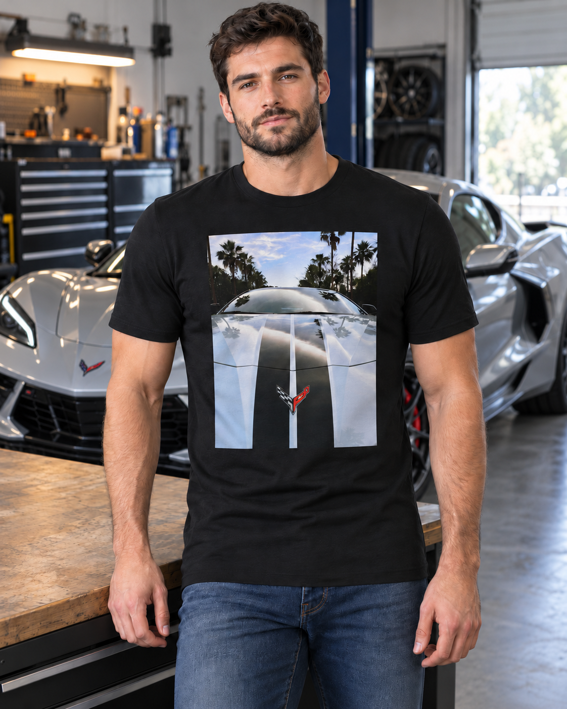 Man in a black C8 Matrix unisex classic tee with the Corvette C8 graphic, standing in a garage beside a silver Corvette C8