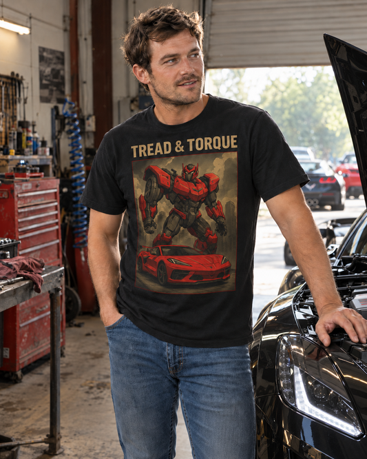 Man in a black Tread & Torque t-shirt with the red Transformer robot and Corvette graphic, standing in a workshop beside a black Corvette