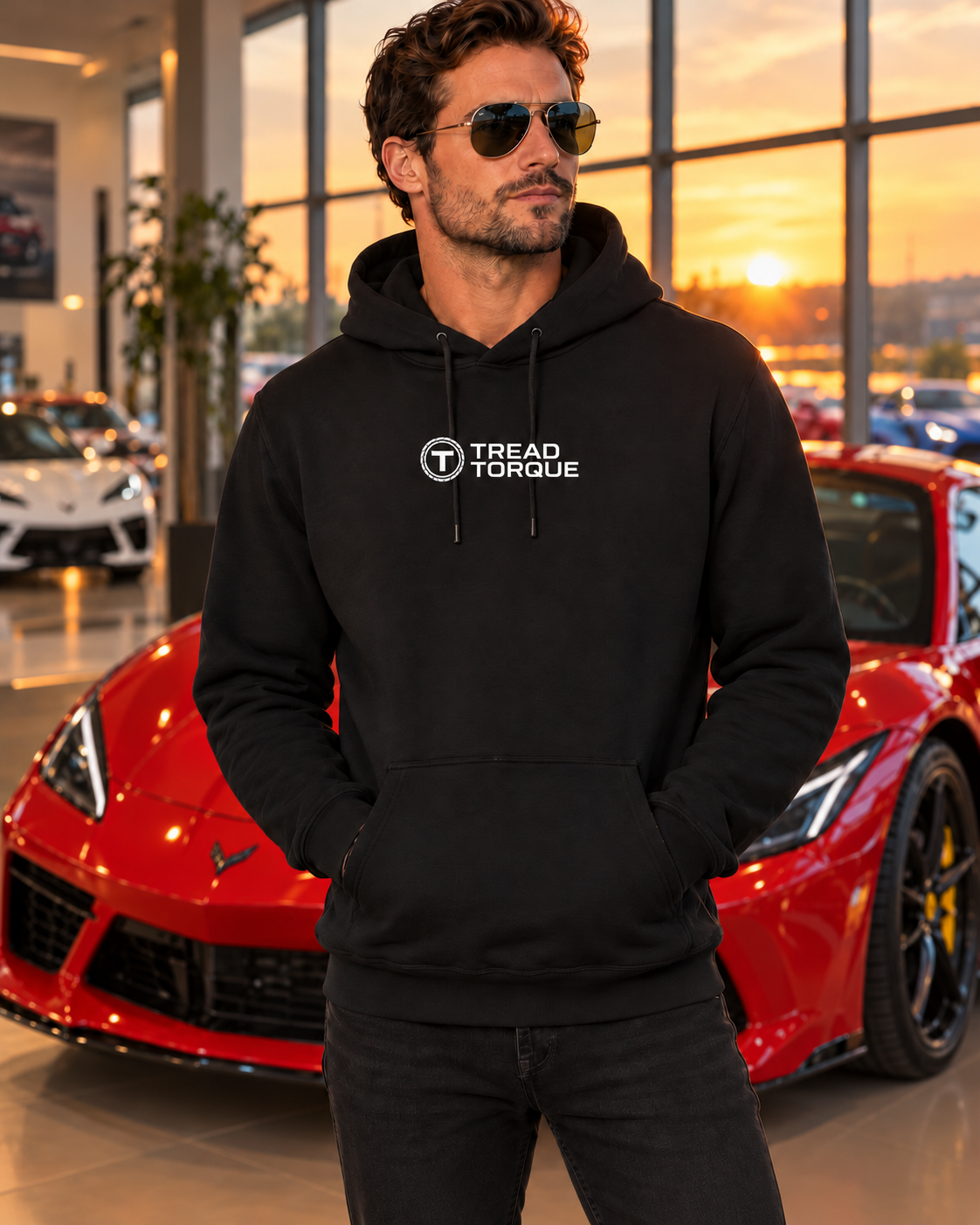 Man in a black Tread & Torque pullover hoodie with the white roundel logo on the chest, standing in a showroom beside a red Corvette at golden hour