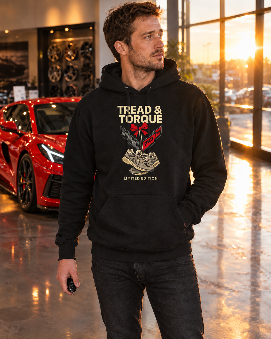 Man in a black Tread & Torque 70th Anniversary hoodie with the limited edition Corvette crossed-flags graphic, standing in a showroom beside a red Corvette