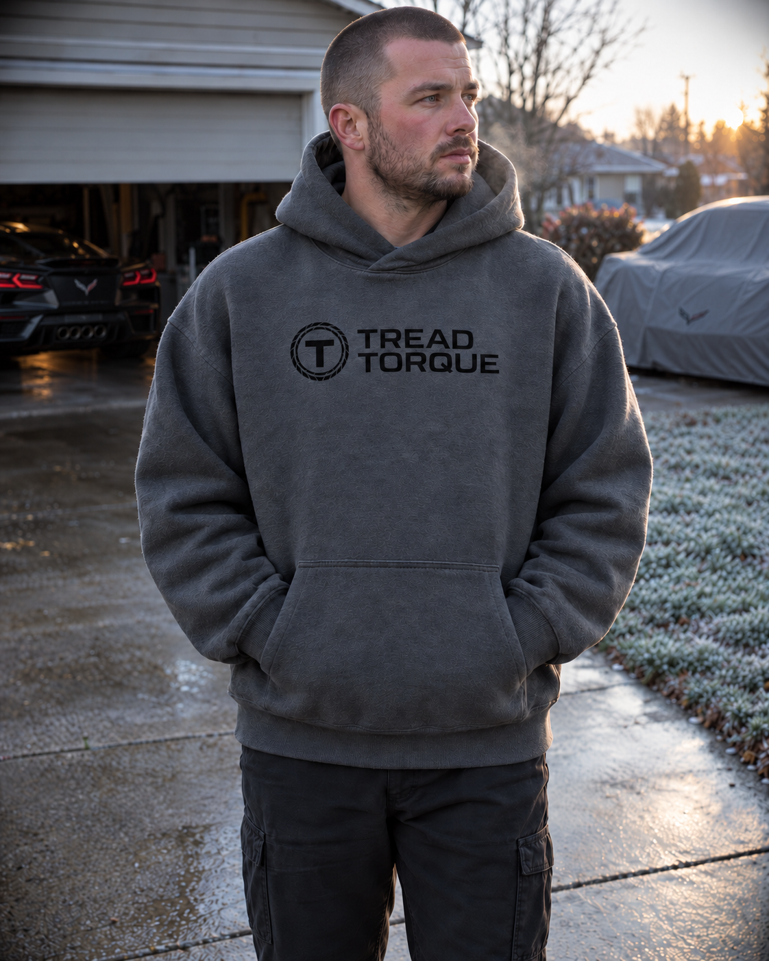 Man in a carbon grey Tread & Torque box-fit hoodie with the black logo on the chest, standing on a driveway on a cold morning beside a covered Corvette