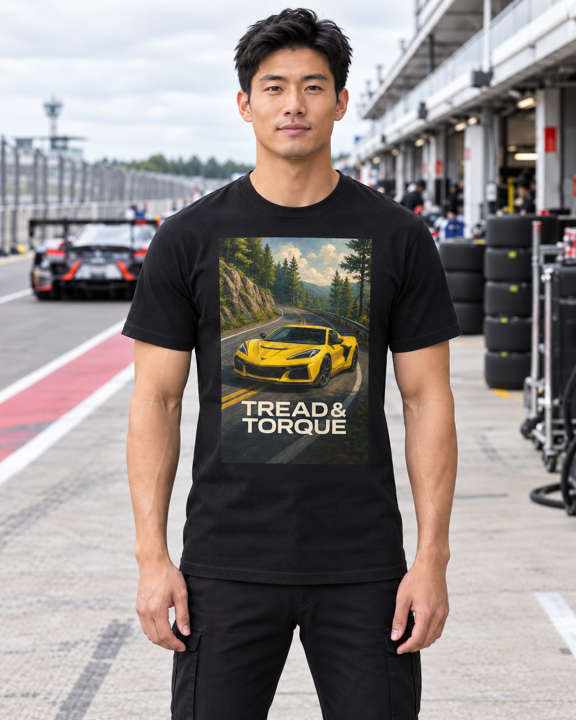 Man in a black ZR1 Tail of the Dragon tee showing a yellow Corvette on a forest mountain road, standing in a race track pit lane