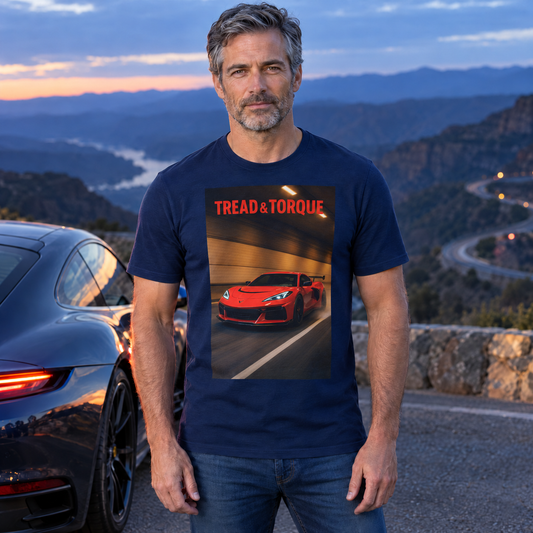 Black ZR1 Tunnel tee by Tread & Torque showing a Corvette ZR1 tunnel graphic, worn by a model
